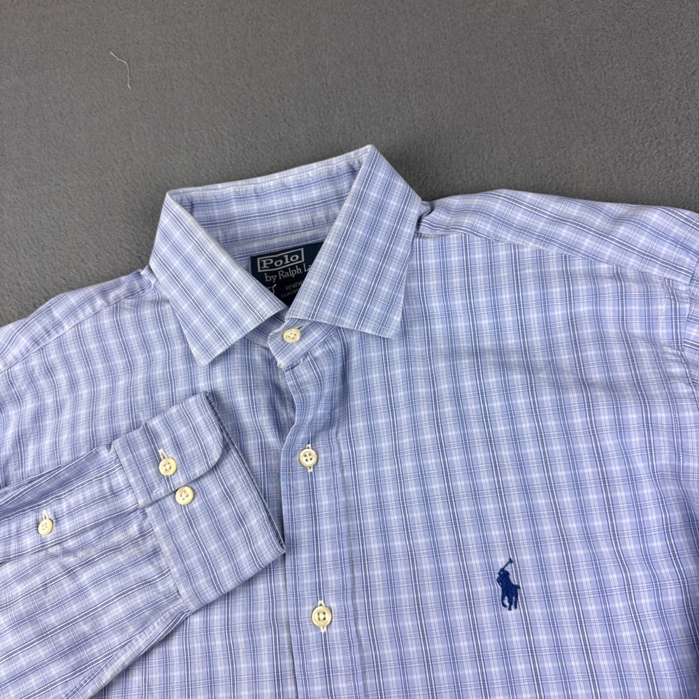 Polo Ralph Lauren Shirt Mens 16.5 34 35 Blue Plaid Regent Classic Fit Pony Dress